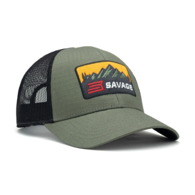 Savage Ripstop Trucker Savage Ripstop Trucker features a black mesh back, a curved brim, and a structured crown. A rectangular embroidered patch with a stylized mountain scene in yellow, orange, and green sits on the front, bordered in black with "SAVAGE" in white lettering.