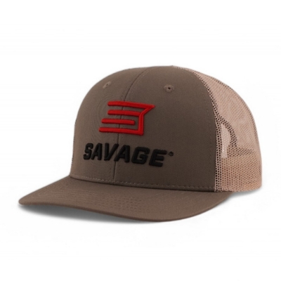 Savage 3D Puff Trucker – Left Side Angle Left 3/4 view of the putty-colored Savage 3D Puff Trucker hat with mesh back and snap closure.