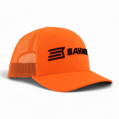 Savage Blaze Orange Trucker – Left Side Angle Left 3/4 view of the blaze orange Savage Trucker hat with black logo