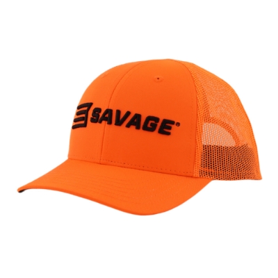 Savage Blaze Orange Trucker – Left Side Angle Left 3/4 view of the blaze orange Savage Trucker hat with black logo