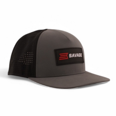 Savage Microfiber Hat – Left Side Angle Left 3/4 view of the Savage Microfiber Hat with a gray bill and front panel, black mesh back