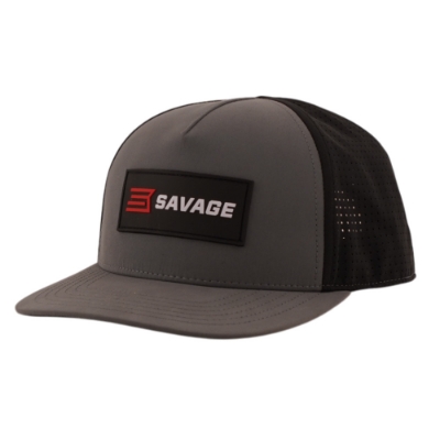 Savage Microfiber Hat – Left Side Angle Left 3/4 view of the Savage Microfiber Hat with a gray bill and front panel, black mesh back