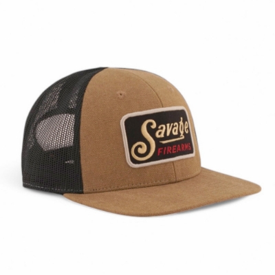 Savage Vintage Logo Trucker – Left Side Angle Left 3/4 view of the Savage Vintage Logo Trucker hat with a canvas front and bill, black patch with tan script logo, and black mesh back.