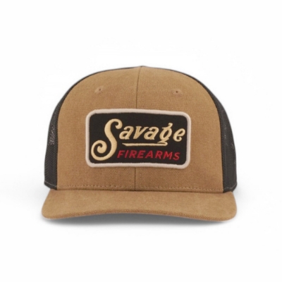 Savage Vintage Logo Trucker – Left Side Angle Left 3/4 view of the Savage Vintage Logo Trucker hat with a canvas front and bill, black patch with tan script logo, and black mesh back.