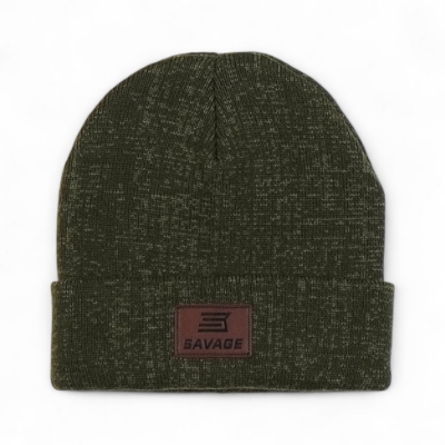 Leather Patch Beanie Green Beanie With brown leather patch that has savage logo on it