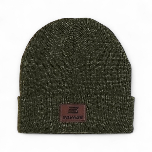 Green Beanie With brown leather patch that has savage logo on it