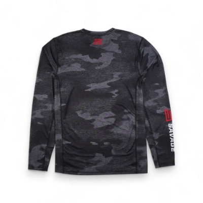 Performance Shirt black camo performance long sleeve with Savage logo on front, on sleeve, on back neck