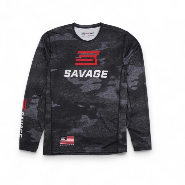 black camo performance long sleeve with Savage logo on front, on sleeve, on back neck