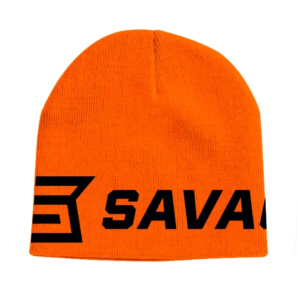 Blaze orange knit skull beanie with black Savage logo, front view