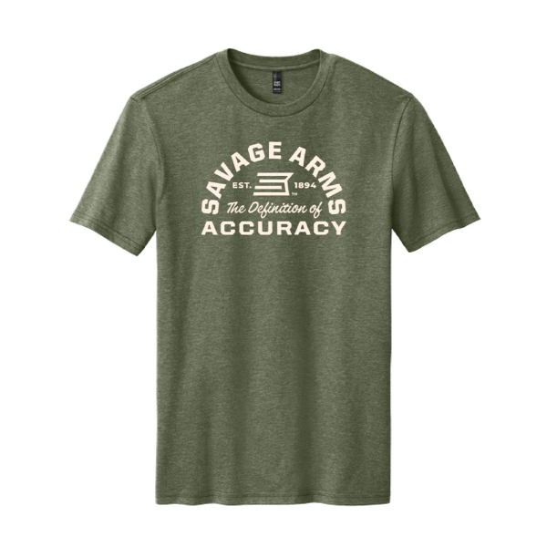 Savage Arms Definition of Accuracy olive green graphic t-shirt with white logo