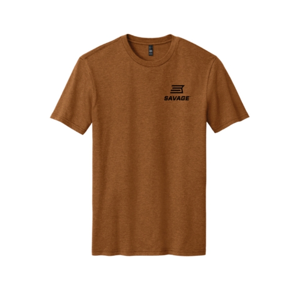 Front of Savage Better Comes Standard Tee in dark brown heather with black Savage logo on left chest.