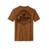 Back of Savage Better Comes Standard Tee in dark brown heather featuring large vintage-inspired "Better Comes Standard" Savage Firearms graphic with deer head emblem.