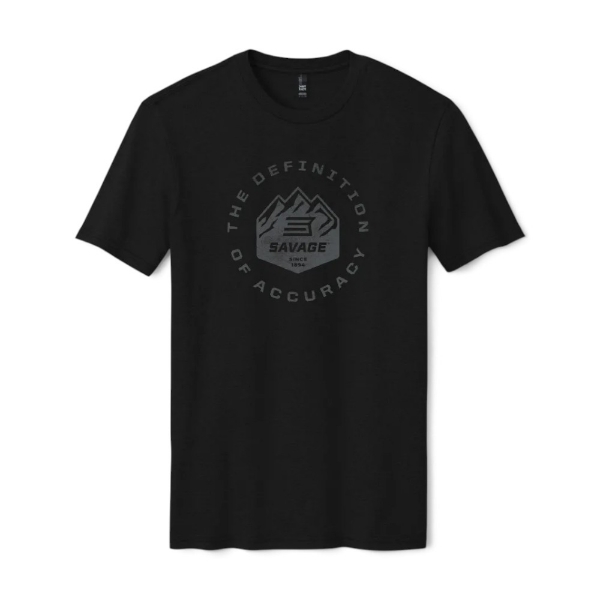 Front of black Savage The Definition of Accuracy Tee with grey Savage mountain logo and circular chest graphic.