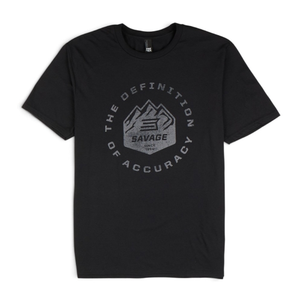 Front of black Savage The Definition of Accuracy Tee with grey Savage mountain logo and circular chest graphic.