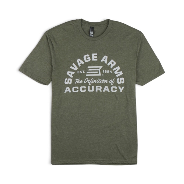 Savage Arms Definition of Accuracy olive green graphic t-shirt with white logo