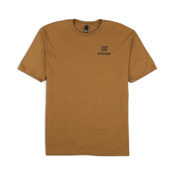 Front of Savage Better Comes Standard Tee in dark brown heather with black Savage logo on left chest.